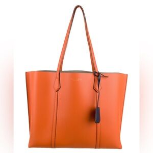 Tory Burch Perry Triple Compartment Leather Tote Shoulder Bag Orange